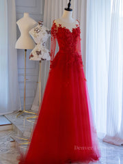 Evening Dresses Suits, Red round neck tulle lace long prom dress, red evening dress