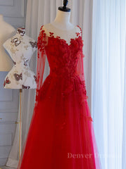 Evening Dress Gold, Red round neck tulle lace long prom dress, red evening dress