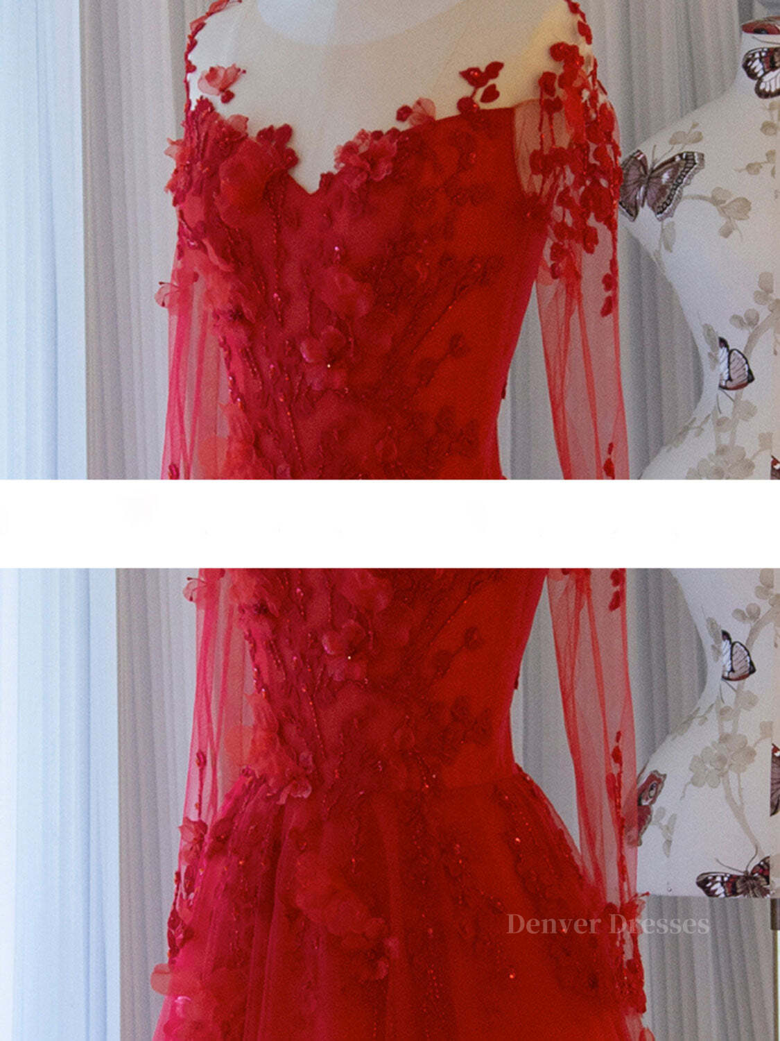 Evening Dresses For Ladies Over 83, Red round neck tulle lace long prom dress, red evening dress