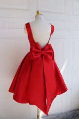 Bridesmaids Dresses With Sleeves, Red Satin Backless Short Party Dress, Red Homecoming Dresses