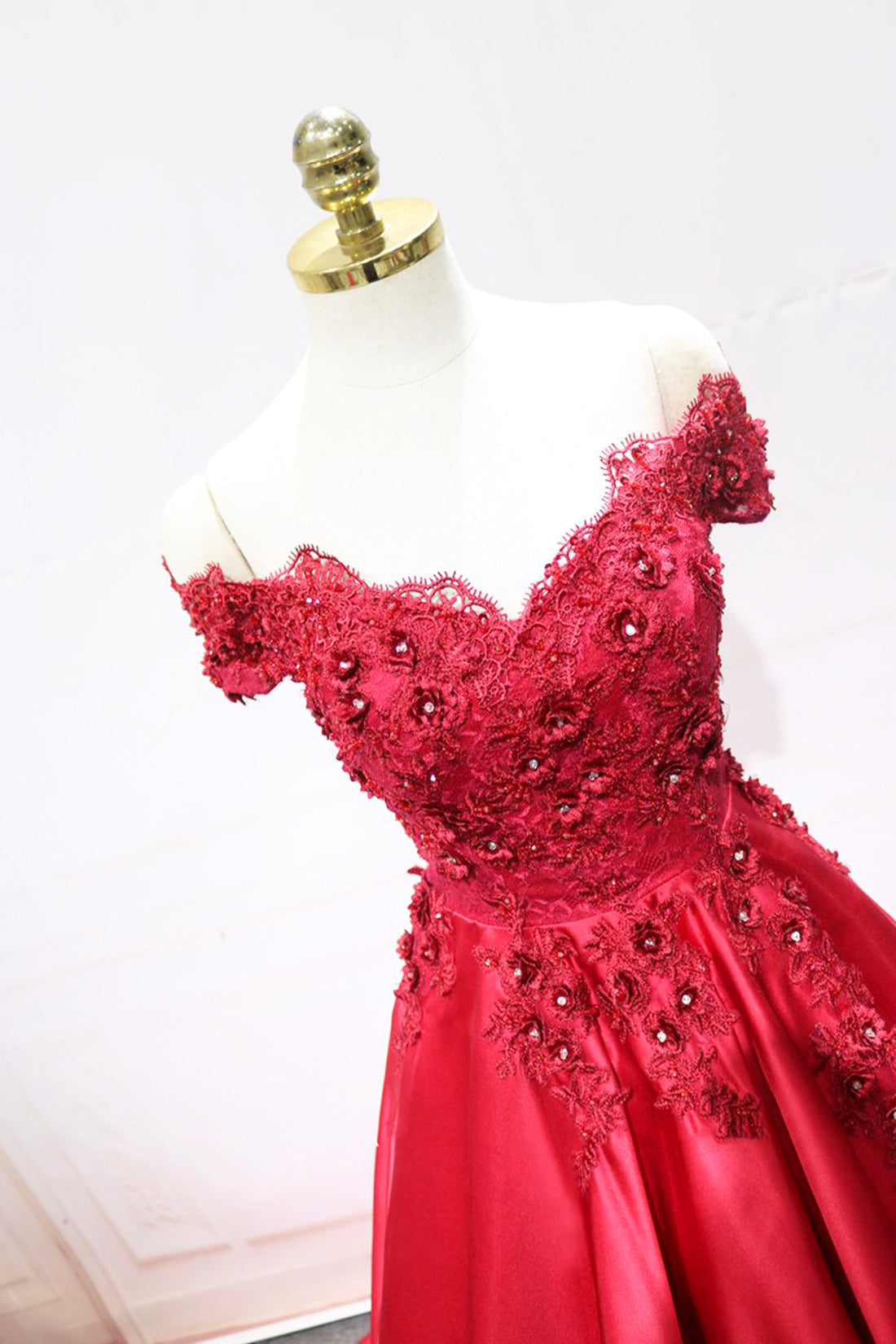 Formal Dresses Pink, Red Satin Lace Long Prom Dress, Off Shoulder Evening Party Dress