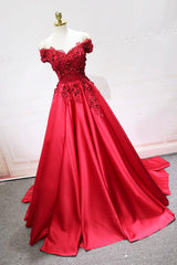 Formal Dresses Elegant Classy, Red Satin Lace Long Prom Dress, Off Shoulder Evening Party Dress