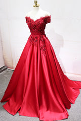 Formal Dresses For Winter, Red Satin Lace Long Prom Dress, Off Shoulder Evening Party Dress