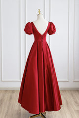 Formal Dresses For Woman, Red Satin Long Prom Dress, Simple A-Line Short Sleeve Evening Party Dress