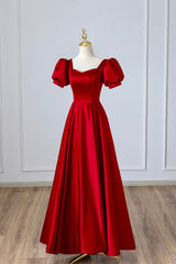 Formal Dress Summer, Red Satin Long Prom Dress, Simple A-Line Short Sleeve Evening Party Dress