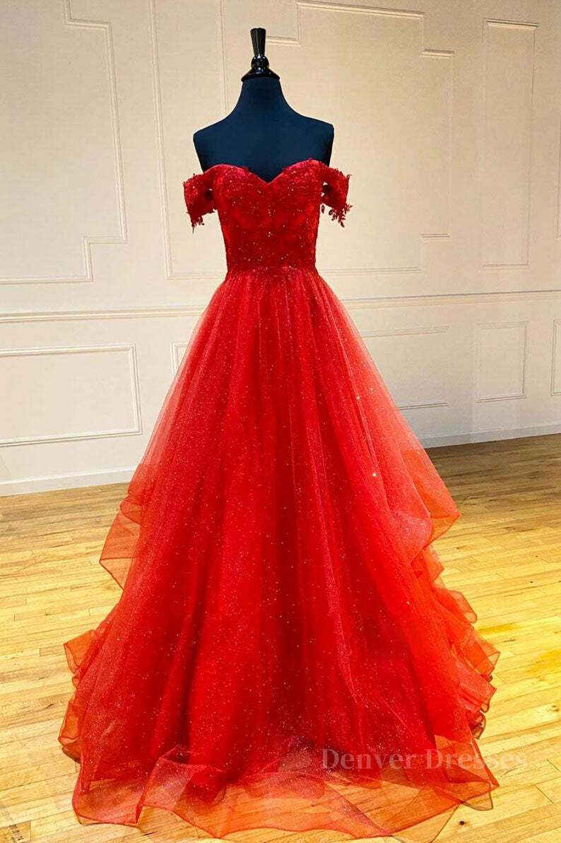 Party Dress Casual, Red sweetheart off shoulder tulle long prom dress tulle formal dress