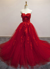 Bridesmaid Dress Shop, Red Sweetheart Tulle with Applique Party Dress , Tulle Formal Gowns