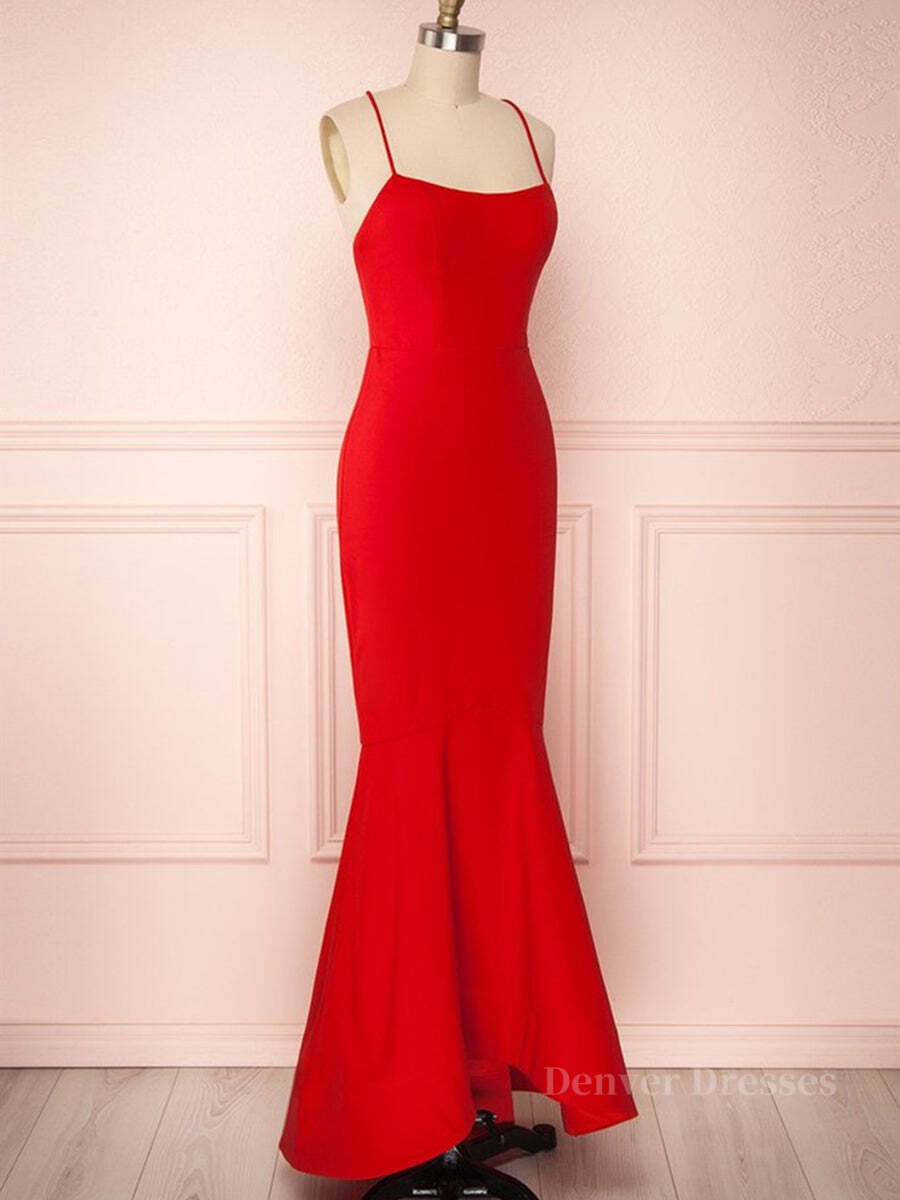 Blue Bridesmaid Dress, Red Thin Straps Mermaid Backless Long Prom Dresses, Red Mermaid Formal Dresses, Red Evening Dresses