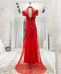 Beach Wedding, Red Tulle Lace Long Prom Dress, Red Lace Tulle Formal Dress