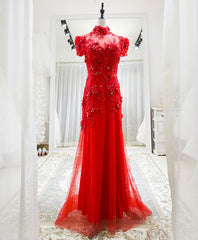 Bridesmaid Dresses Mismatched Winter, Red Tulle Lace Long Prom Dress, Red Lace Tulle Formal Dress