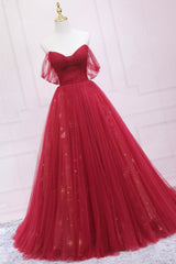 Bridesmaid Dressese Lavender, Red Tulle Long A-Line Prom Dress, Off the Shoulder Formal Evening Dress