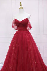 Bridesmaids Dresses Lavender, Red Tulle Long A-Line Prom Dress, Off the Shoulder Formal Evening Dress