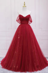 Bridesmaid Dress Lavender, Red Tulle Long A-Line Prom Dress, Off the Shoulder Formal Evening Dress