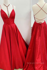 Wedding Pictures, Red v neck backless satin long prom dress red evening dress