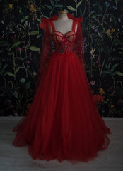Evening Dress Princess, Red Velvet Prom Dress Tulle Evening Gowns