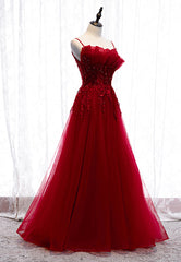 Prom Dress Prom Dresses, Burgundy Lace Long Prom Dresses, A-Line Spaghetti Strap Evening Dresses