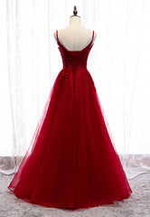 Prom Dress Boutiques Near Me, Burgundy Lace Long Prom Dresses, A-Line Spaghetti Strap Evening Dresses