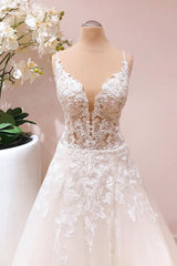 Wedding Dresses Classy Elegant, Romantic Long A-line Spaghetti Straps Appliques Lace Tulle Wedding Dress