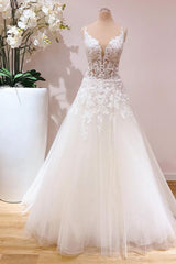 Wedding Dresses Elegant Classy, Romantic Long A-line Spaghetti Straps Appliques Lace Tulle Wedding Dress