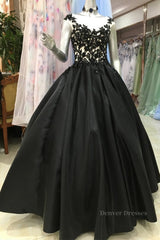 Dress Aesthetic, Round Neck Black Lace Floral Long Prom Dress, Black Lace Formal Dress with Appliques, Black Evening Dress