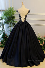 Mini Dress Formal, Round Neck Black Lace Floral Long Prom Dress, Black Lace Formal Dress with Appliques, Black Evening Dress
