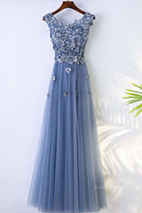 Couture Gown, Round Neck Blue Lace Floral Long Prom Dresses, Blue Lace Long Formal Evening Dresses