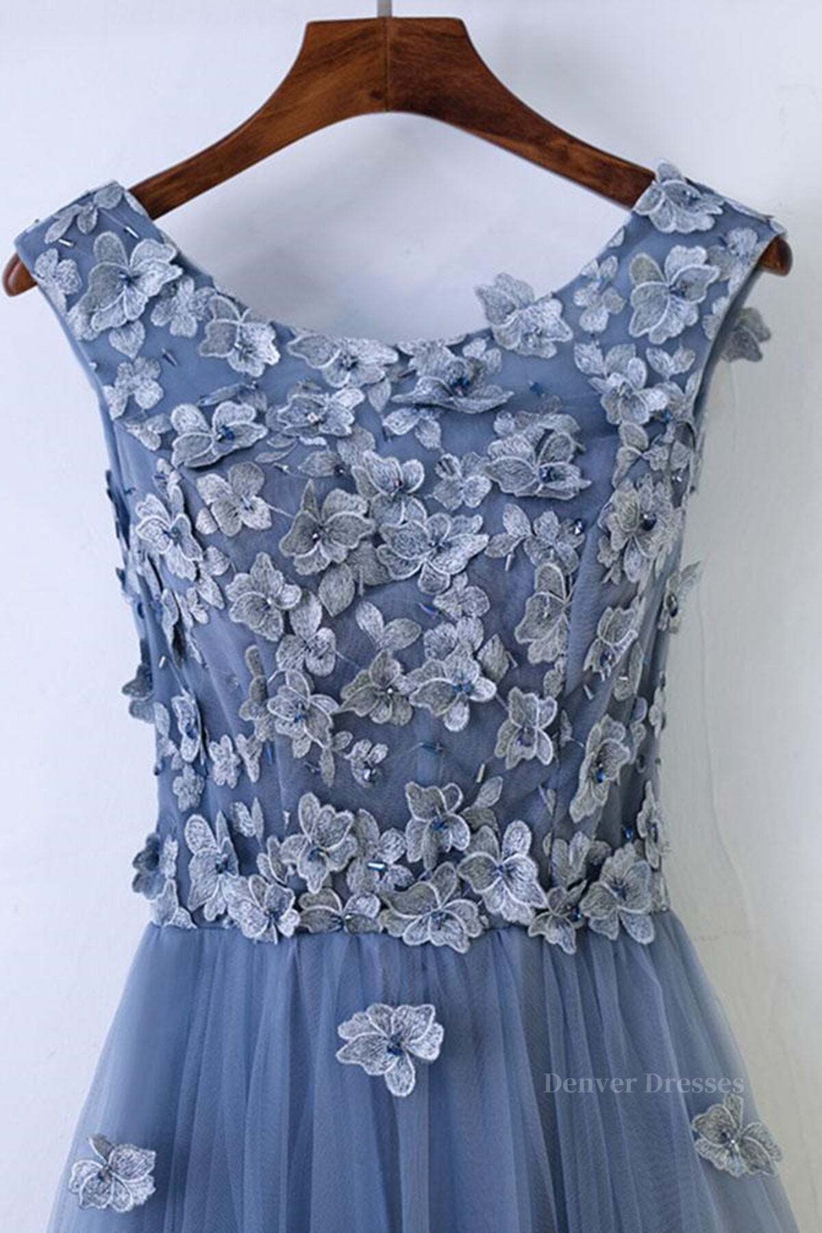 Casual Gown, Round Neck Blue Lace Floral Long Prom Dresses, Blue Lace Long Formal Evening Dresses