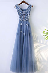 Red Gown, Round Neck Blue Lace Floral Long Prom Dresses, Blue Lace Long Formal Evening Dresses
