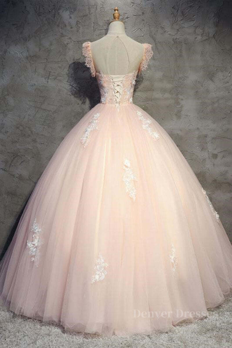 Homecoming Dressed Short, Round Neck Cap Sleeves Lace Pink Long Prom Dress, Pink Lace Formal Dress, Pink Evening Dress, Ball Gown