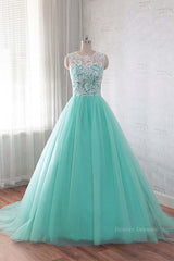 Bridesmaid Dresses Pink, Round Neck Green Lace Tulle Long Prom Dresses, Green Lace Formal Dresses, Green Evening Dresses