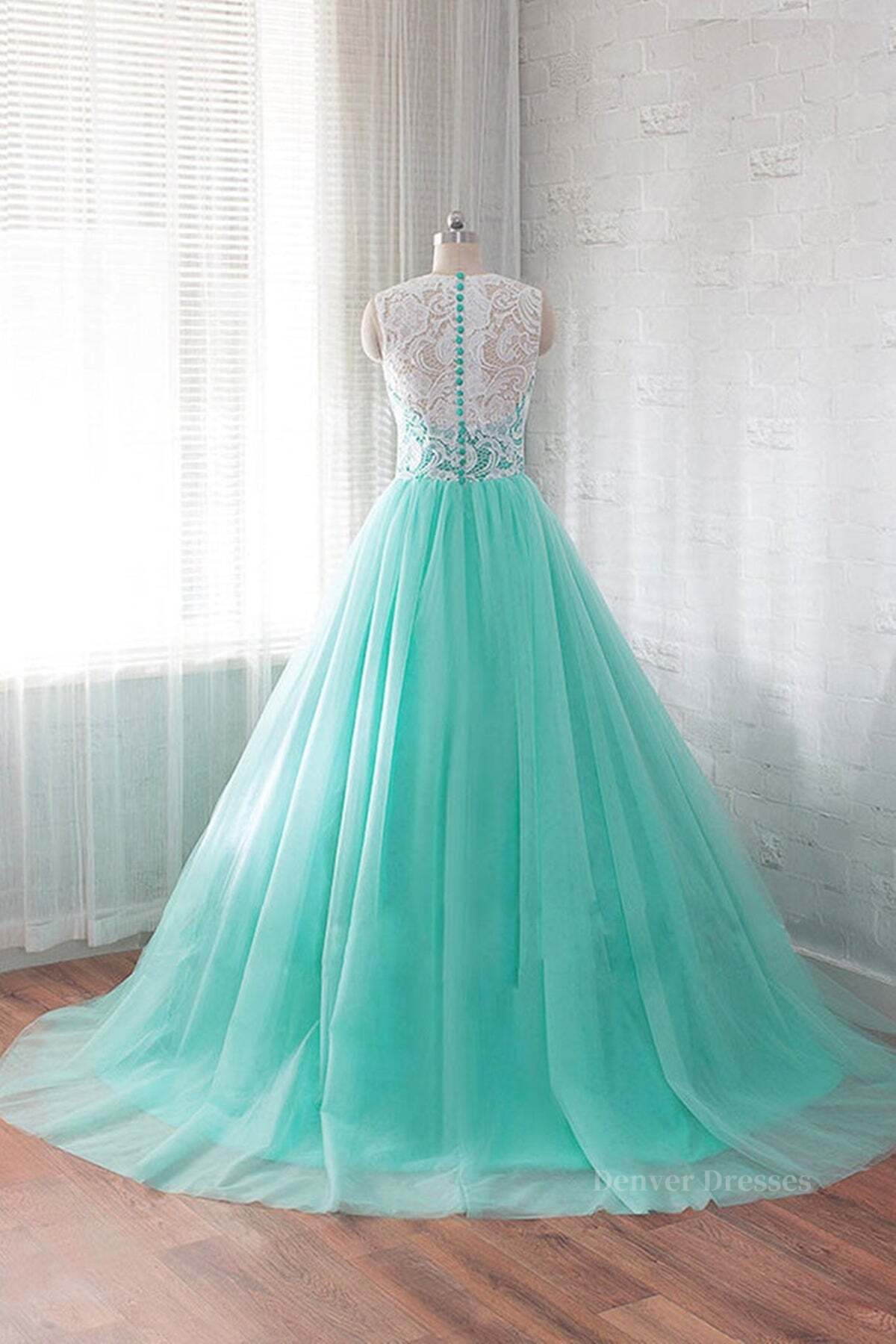 Bridesmaid Dresses 2054, Round Neck Green Lace Tulle Long Prom Dresses, Green Lace Formal Dresses, Green Evening Dresses