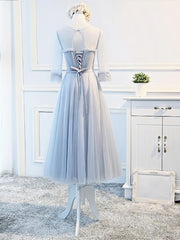 Party Dress For Teen, Round Neck Long Sleeves Blue Prom Dresses, Long Sleeves Blue Formal Bridesmaid Evening Dresses