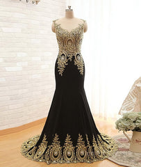 Quinceanera Dress, Round Neck Mermaid Lace Applique Black Prom Dresses, Lace Black Formal Dresses