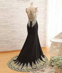 White Dress, Round Neck Mermaid Lace Applique Black Prom Dresses, Lace Black Formal Dresses