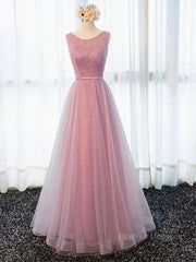 Party Dresses Near Me, Round Neck Pink Beaded Long Prom Dresses, Pink Long Formal Evening Dresses