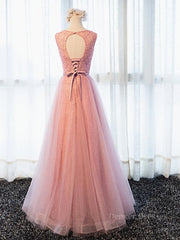 Party Dresses Sales, Round Neck Pink Beaded Long Prom Dresses, Pink Long Formal Evening Dresses