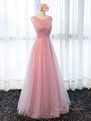 Party Dress Sale, Round Neck Pink Beaded Long Prom Dresses, Pink Long Formal Evening Dresses
