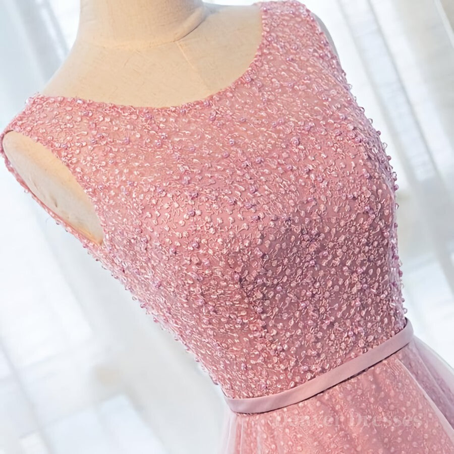 Party Dress Sales, Round Neck Pink Beaded Long Prom Dresses, Pink Long Formal Evening Dresses