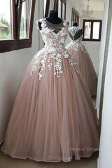 Formal Dresses Over 78, Round Neck Pink Lace Long Prom Gown, Long Pink Lace Prom Formal Evening Dress, Pink Ball Gown