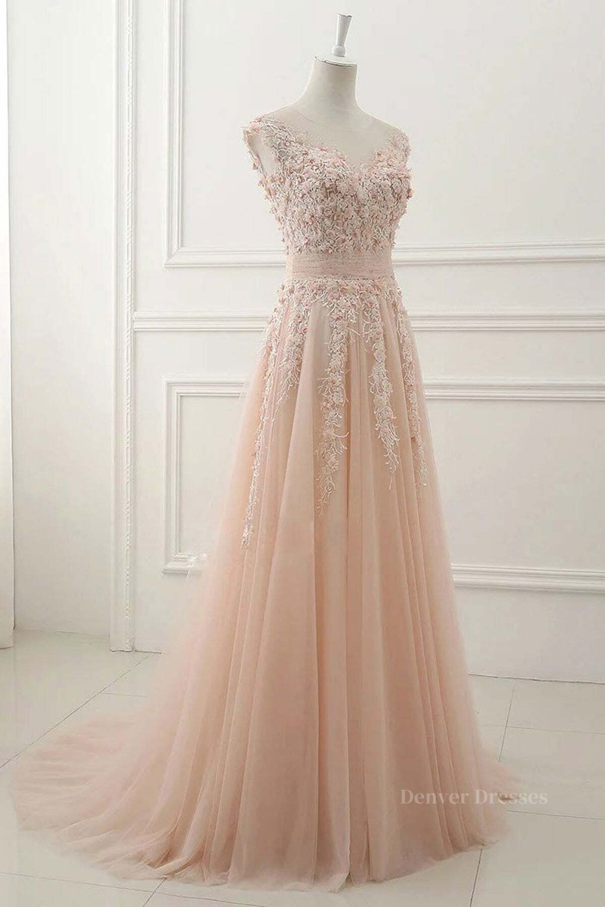 Fairy Dress, Round Neck Pink Lace Prom Dresses, Pink Lace Formal Evening Dresses
