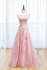 Party Dress Bridal, Round Neck Pink Lace Prom Dresses, Pink Lace Long Formal Evening Dresses