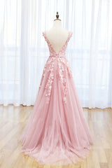 Party Dresses For Short Ladies, Round Neck Pink Lace Prom Dresses, Pink Lace Long Formal Evening Dresses