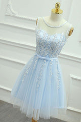 Formal Dresses For Weddings Mothers, Round Neck Short Blue Lace Prom Dresses, Short Blue Lace Homecoming Graduation Dresses