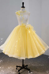 Formal Dresses Fall, Round Neck Yellow Lace Tulle Prom Dress, Yellow Lace Short Homecoming Dress, Yellow Formal Graduation Evening Dress