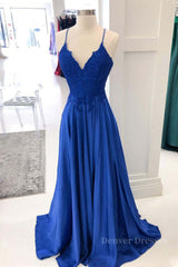 Bridesmaides Dresses Summer, Royal blue lace satin long prom dress blue formal dress