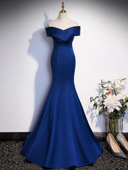 Bridesmaids Dresses Fall, Royal Blue Mermaid Satin Long Prom Dress, Off Shoulder Blue Evening Dress