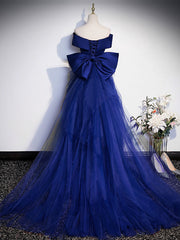 Bridesmaides Dresses Fall, Royal Blue Mermaid Satin Long Prom Dress, Off Shoulder Blue Evening Dress