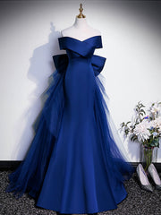 Bridesmaid Dress Colours, Royal Blue Mermaid Satin Long Prom Dress, Off Shoulder Blue Evening Dress