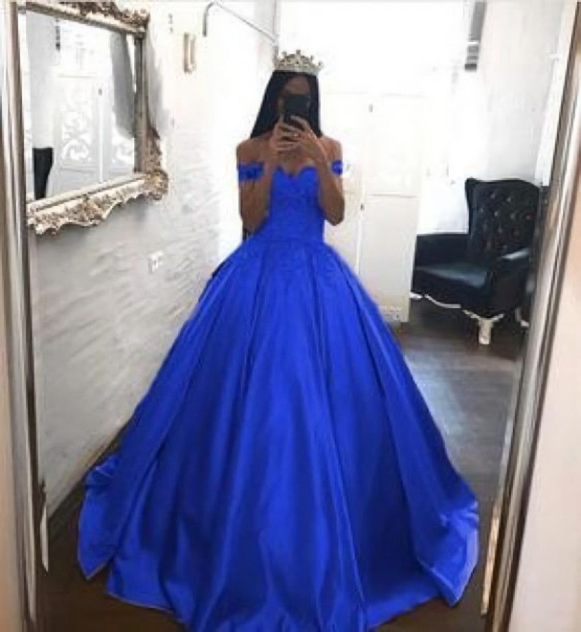 Prom Dresses Tulle, Royal Blue Prom Dresses Satin,Off the Shoulder Appliqued Quinceanera Dresses Sweep Train