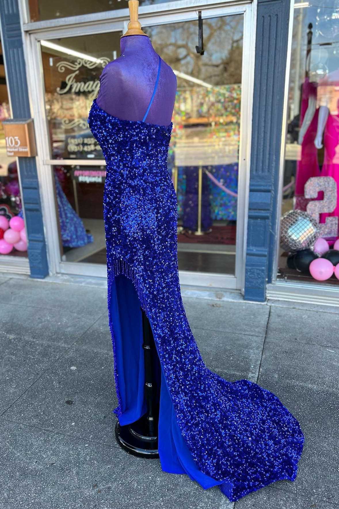 Formal Dress Attire For Wedding, Royal Blue Sequin One-Shoulder Backless Long Prom Dresses with Slit,Evening Party Dress